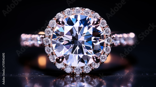 Close up of an engagement ring with a framed halo of diamonds around the center setting and around the band