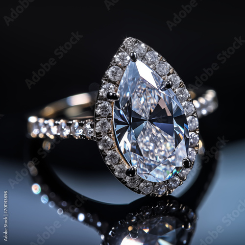 Classy, timeless diamond engagement ring isolated on black with sparkly reflection