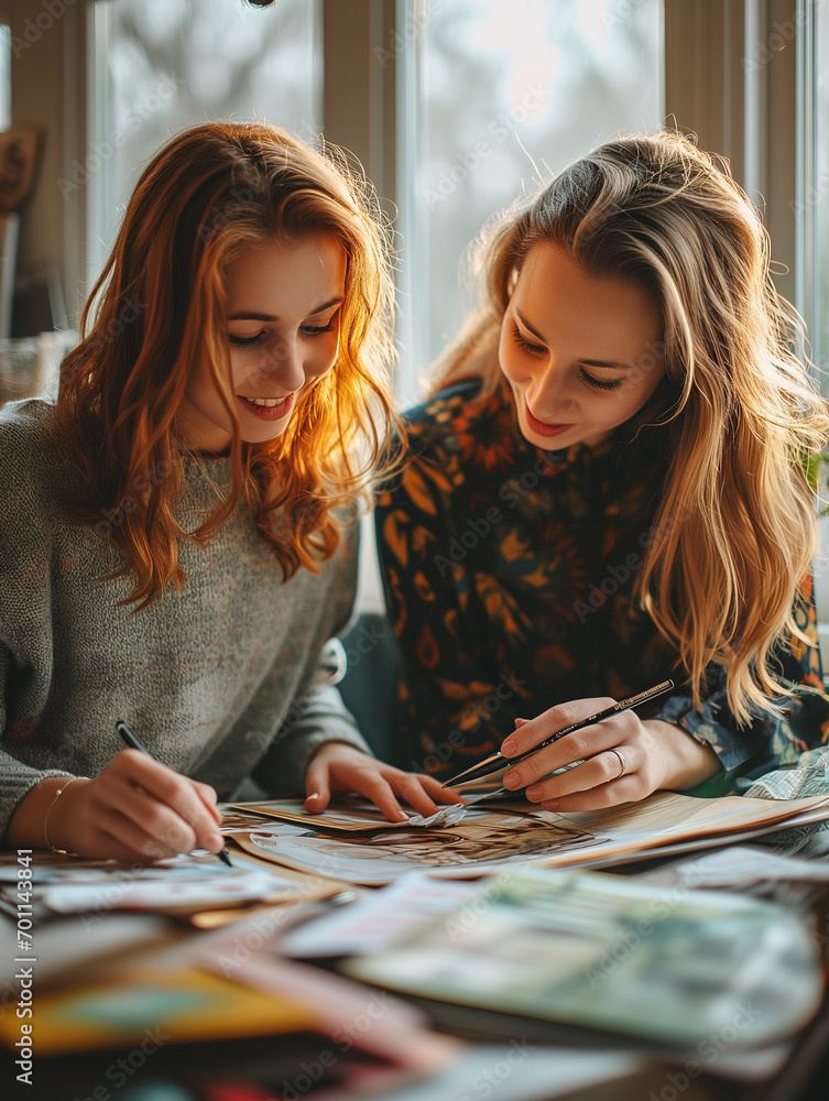 Fototapeta premium A Photo of a Mother and Teenage Daughter Creating a Scrapbook Together