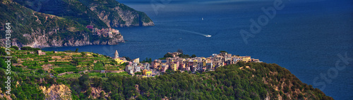 Cinque Terre views from hiking trails of seaside villages on the Italian Riviera coastline. Liguria, Italy, Europe. 2023 Summer. 