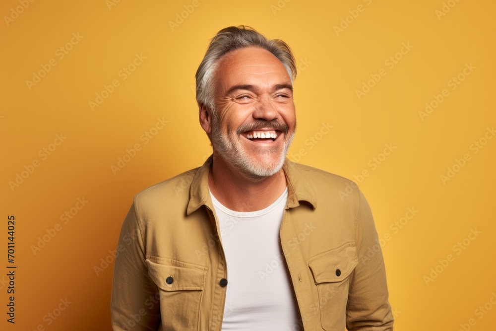 Handsome middle-aged man laughing and looking at camera on yellow background Handsome middle-aged man laughing and looking at camera on yellow background