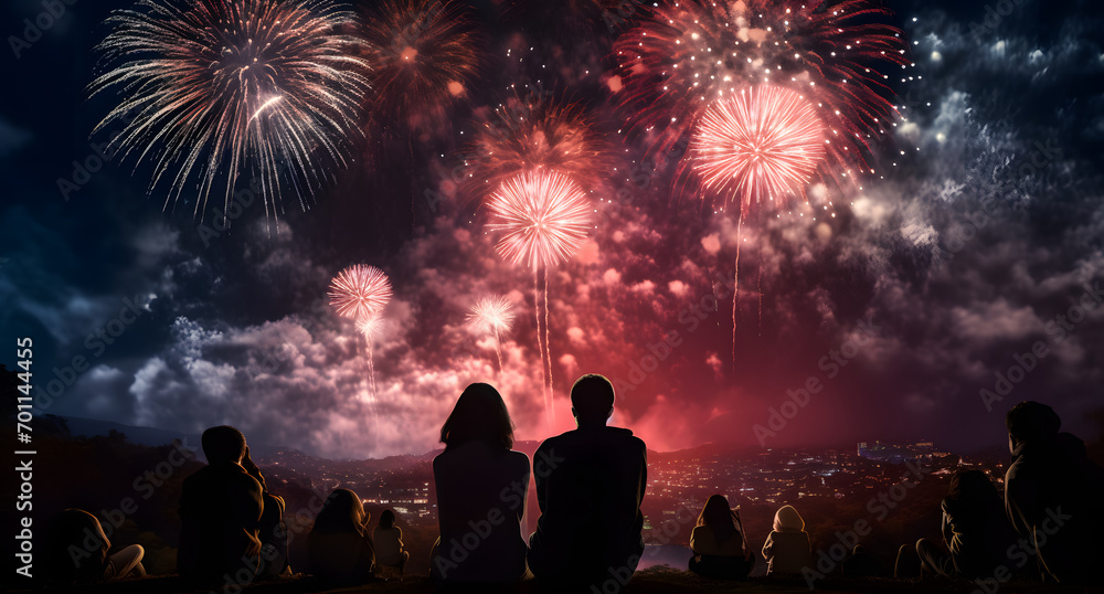 Silhouette of a family watching fireworks on the night background of the city. Chinese New Year Silhouette of a family watching fireworks on the night background of the city. Chinese New Year