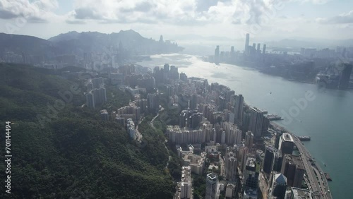 Aerial drone skyview of the residential and commercial area in Hong Kong East District at Victoria Harbour, near Kings Road in Tai Koo Shing and North Point Quarry Bay Shau Kei Wan Sai Wan Ho photo