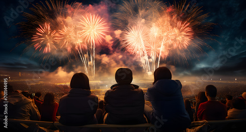 Silhouette of a family watching fireworks on the night background of the city. Chinese New Year 