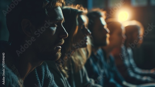 A group of friends are watching a movie intently. photo