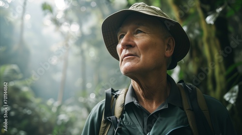 An elderly man wearing a hat and carrying a backpack in the jungle, surrounded by lush greenery.