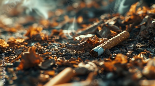 A cigarette on the ground surrounded by fallen leaves  depicting litter and nature s decay.