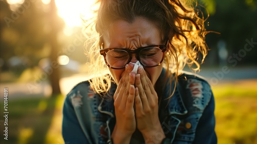 A woman with glasses blows her nose because of the flu. photo