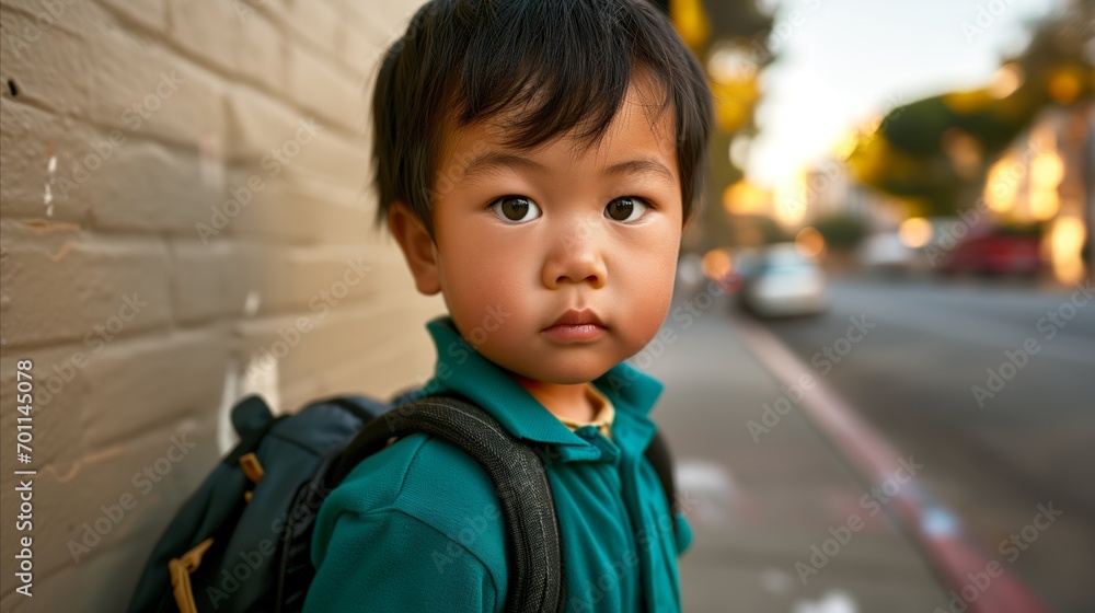 A little boy with a backpack is waiting on the street, leaning against the wall. A little boy with a backpack is waiting on the street, leaning against the wall.
