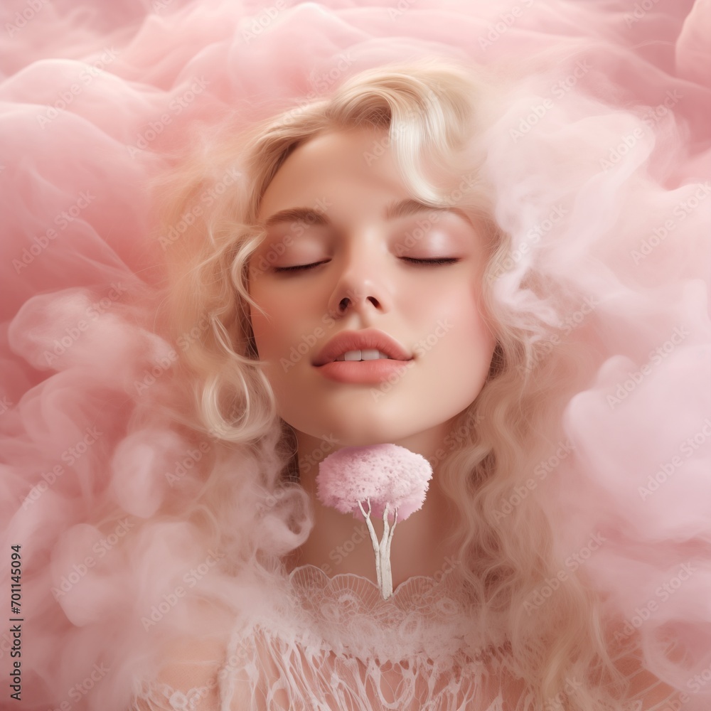 The concept of the arrival of spring, love, Valentine's Day. Portrait of a blonde girl with closed eyes. Her chin is gently touched by the flowers of a blossoming tree. A symbol of tenderness. The concept of the arrival of spring, love, Valentine's Day. Portrait of a blonde girl with closed eyes. Her chin is gently touched by the flowers of a blossoming tree. A symbol of tenderness.