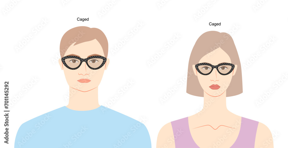 Caged frame glasses on women and men flat character fashion accessory illustration. Sunglass unisex silhouette style, rim spectacles eyeglasses with lens sketch outline isolated on white background Caged frame glasses on women and men flat character fashion accessory illustration. Sunglass unisex silhouette style, rim spectacles eyeglasses with lens sketch outline isolated on white background