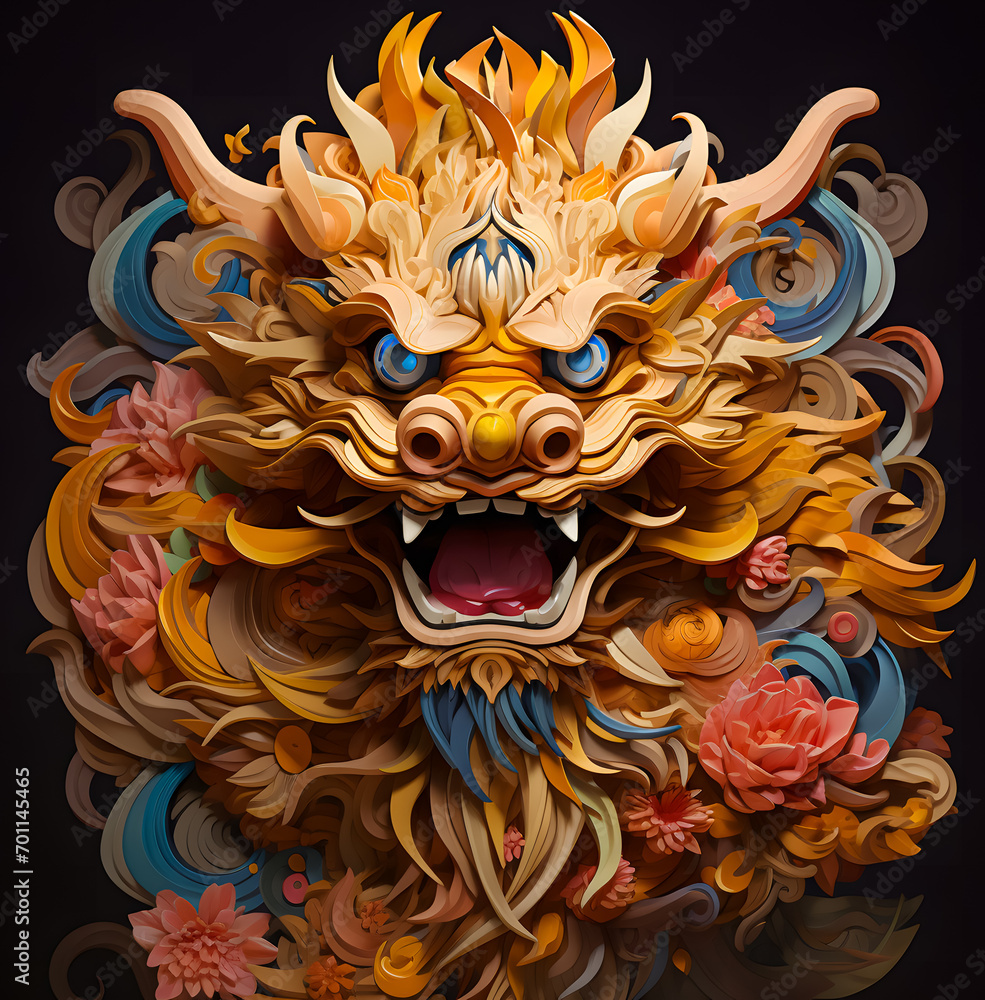 Chinese gold lion statue in the dark background. chinese new year. mythical lion beast Chinese gold lion statue in the dark background. chinese new year. mythical lion beast