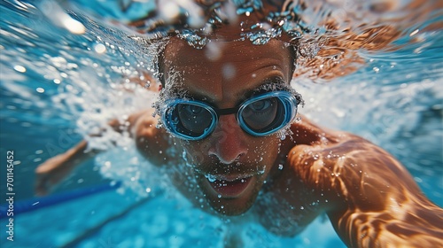 A swimmer wearing goggles swimming in a pool.