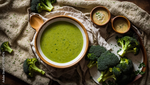 Appetizing cream of broccoli soup on the table