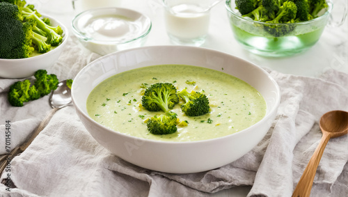 Appetizing cream of broccoli soup on the table