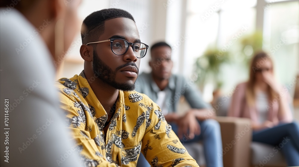 Fototapeta premium A man with glasses sitting in a room with other people, engaged in a conversation or meeting.