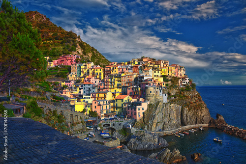 Cinque Terre views from hiking trails of seaside villages on the Italian Riviera coastline. Liguria, Italy, Europe. 2023 Summer. 