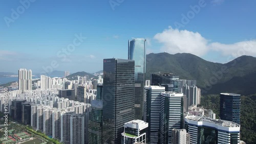 Aerial drone skyview of the residential and commercial area in Hong Kong East District at Victoria Harbour, near Kings Road in Tai Koo Shing and North Point Quarry Bay Shau Kei Wan Sai Wan  photo