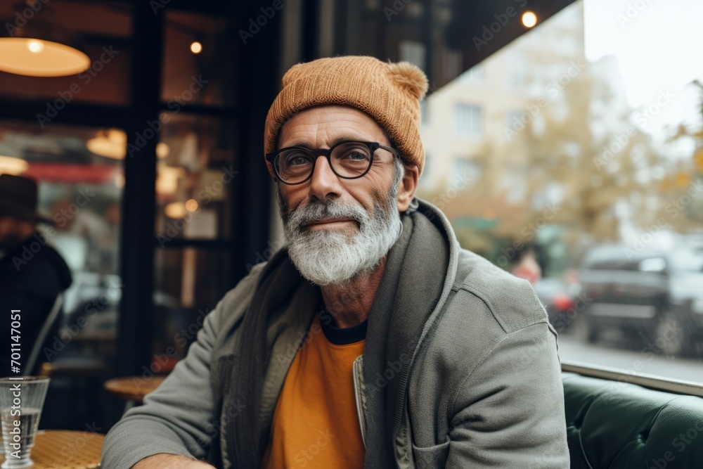 Portrait of a senior man with gray beard and eyeglasses in a coffee shop. Portrait of a senior man with gray beard and eyeglasses in a coffee shop.