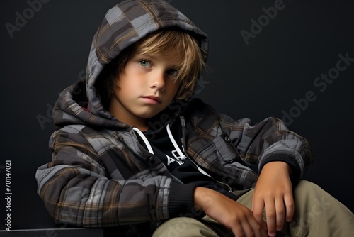 A portrait of a boy in a hooded jacket over dark background.
