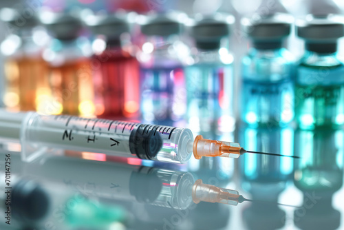 Vaccination concept, an image representing the concept of vaccination with syringes, vials, and medical supplies, conveying a sense of healthcare readiness and disease prevention, with copy space.