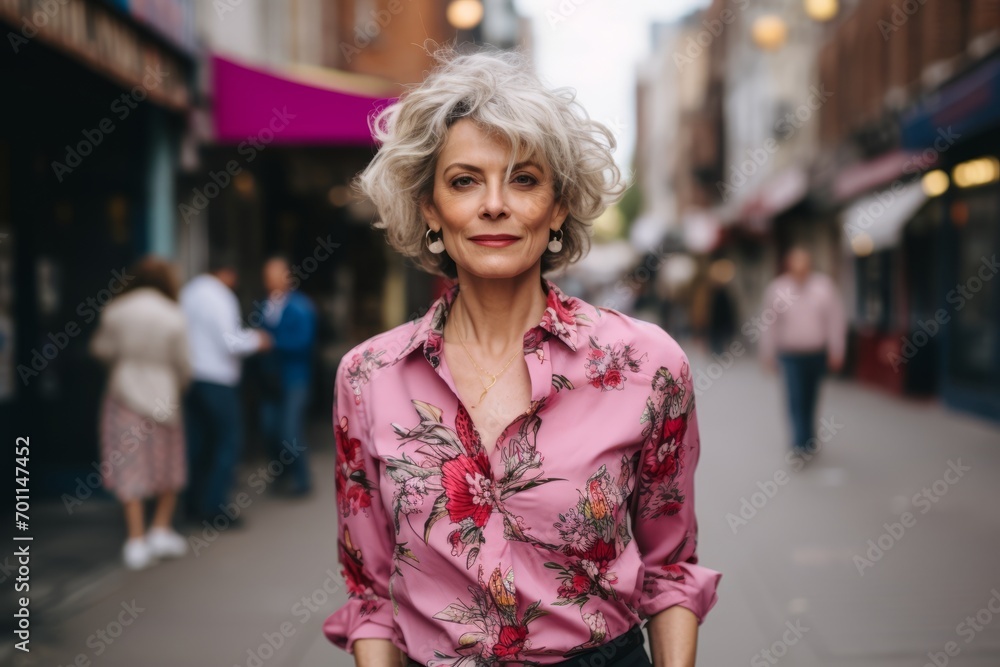 Portrait of a beautiful middle-aged woman in a pink blouse on the street Portrait of a beautiful middle-aged woman in a pink blouse on the street