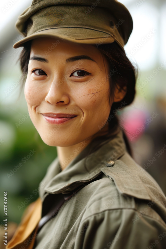 Asian woman wearing army universal camouflage uniform smiling