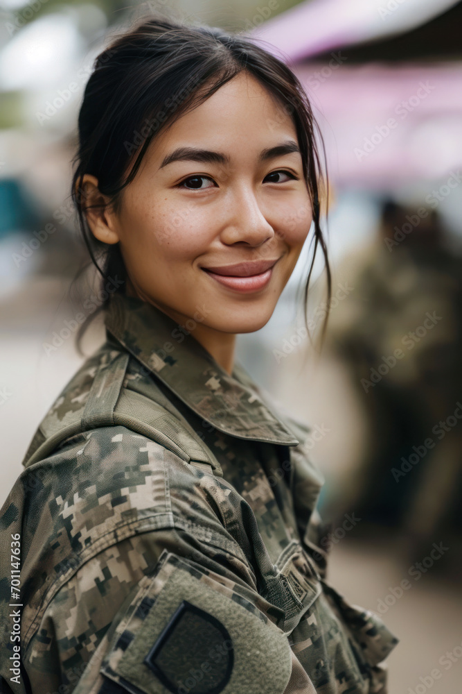 Fototapeta premium Asian woman wearing army universal camouflage uniform smiling