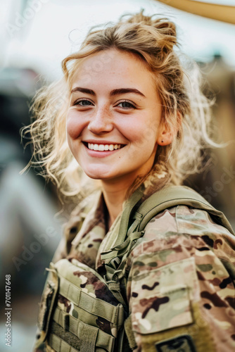 Blonde woman wearing army universal camouflage uniform smiling