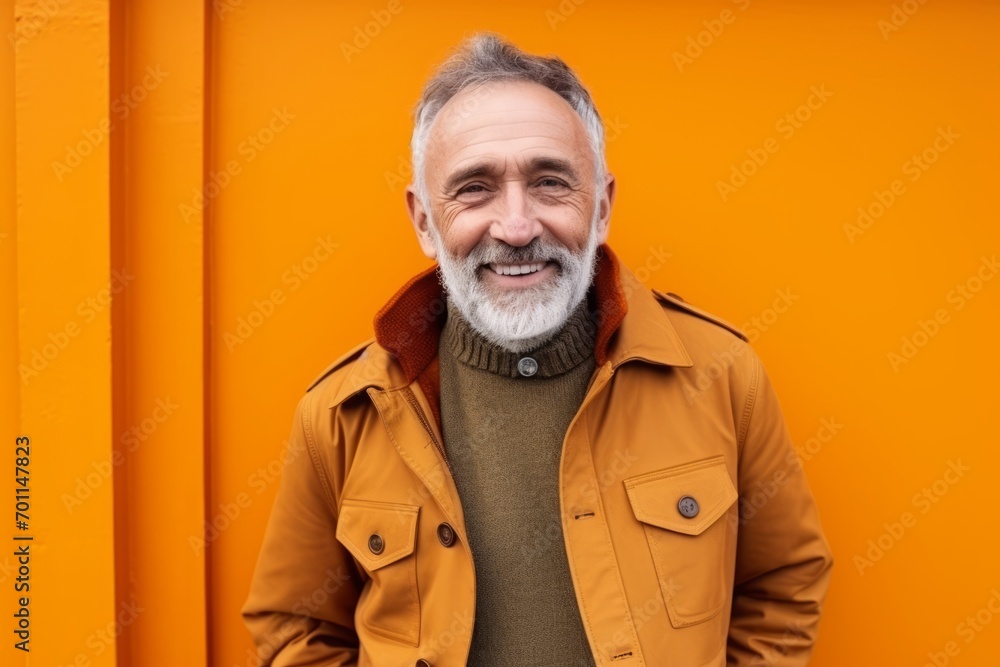 smiling senior man in yellow coat looking at camera on orange background smiling senior man in yellow coat looking at camera on orange background