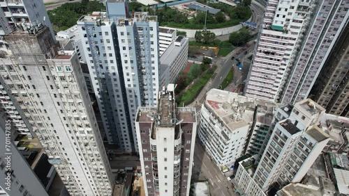 Aerial drone skyview of the residential and commercial area in Hong Kong East District at Victoria Harbour, near Kings Road in Tai Koo Shing and North Point Quarry Bay Shau Kei Wan Sai Wan  photo