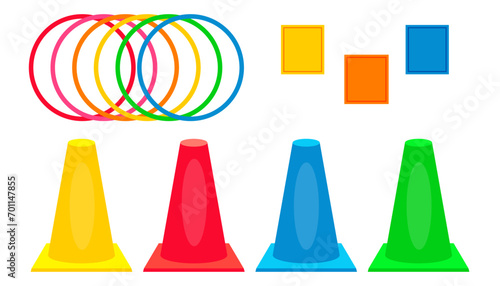 Plastic colorful sports cones with hoops and bags for activity game. Throw rings game. Fun active game cartoon vector illustration isolated on white background. Activity floor game.