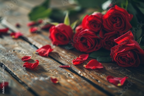 red roses lying on a rustic wooden background