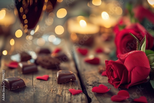 red roses and chocolate lying on a rustic wooden background