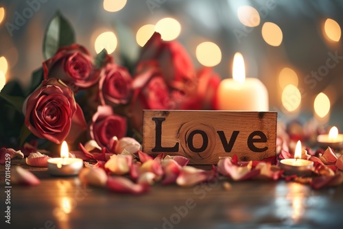 the word love spelled on a wood sign, surrounded by roses and soft candle light 