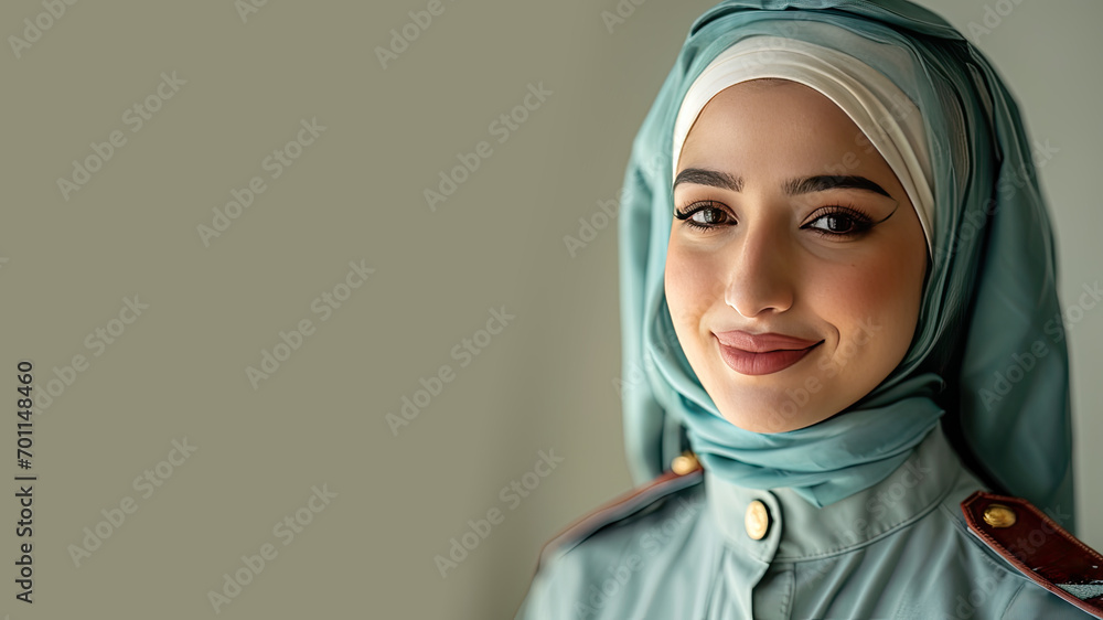 Arab hijab woman in Airline Ground Crew uniform on pastel background Arab hijab woman in Airline Ground Crew uniform on pastel background