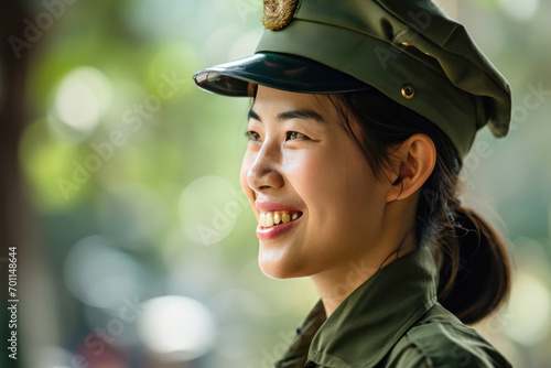 Asian woman wearing Paramilitary Forces uniform smiling