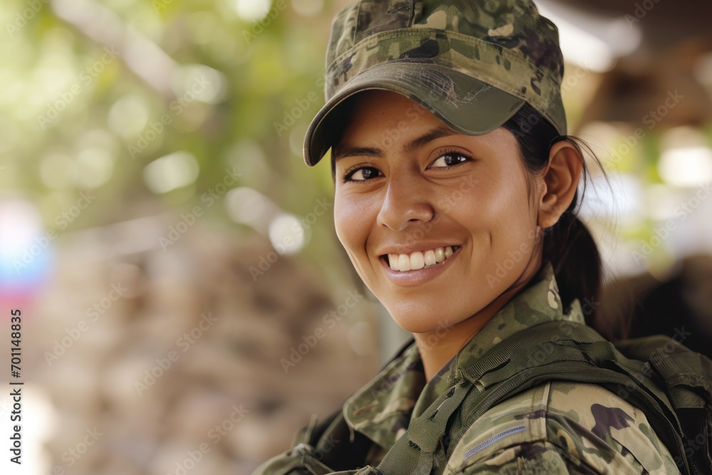 Hispanic woman wearing Paramilitary Forces uniform smiling Hispanic woman wearing Paramilitary Forces uniform smiling