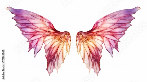 Beautiful magic colorful glowing angelic violet purple wings isolated on white background.
