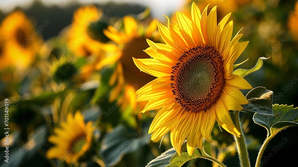 Fototapeta premium Beautiful sunflower in warm sunset light in summer meadow. Calm tranquil moment in countryside. Sunflower growing in evening field. Atmospheric summer wallpaper, space for text