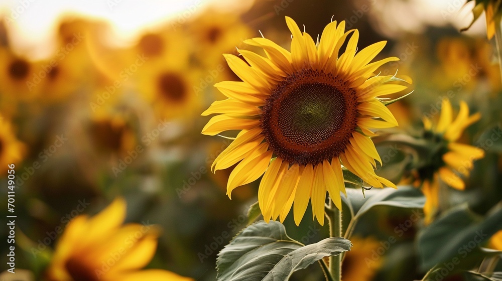 Fototapeta premium Beautiful sunflower in warm sunset light in summer meadow. Calm tranquil moment in countryside. Sunflower growing in evening field. Atmospheric summer wallpaper, space for text