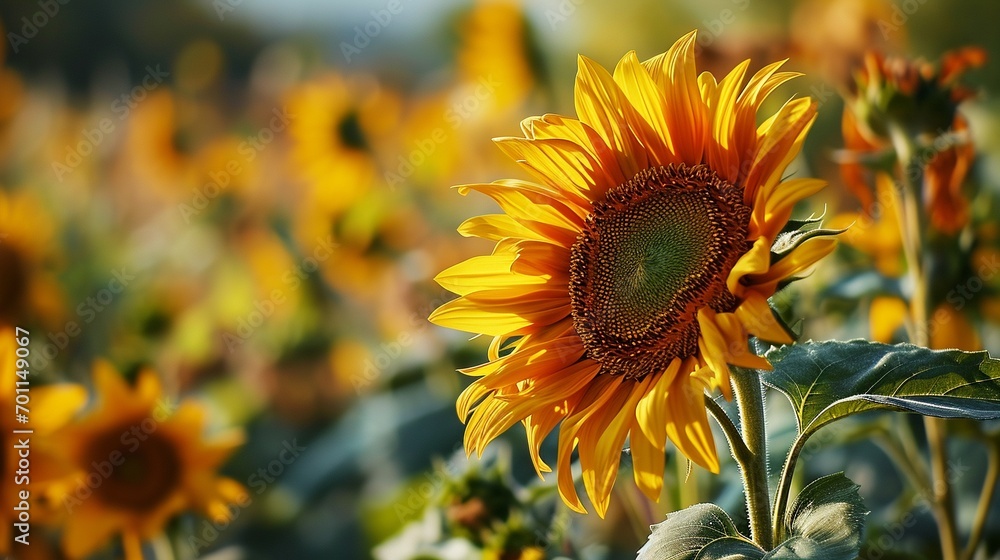 Beautiful sunflower in warm sunset light in summer meadow. Calm tranquil moment in countryside. Sunflower growing in evening field. Atmospheric summer wallpaper, space for text Beautiful sunflower in warm sunset light in summer meadow. Calm tranquil moment in countryside. Sunflower growing in evening field. Atmospheric summer wallpaper, space for text