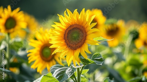 Beautiful sunflower in warm sunset light in summer meadow. Calm tranquil moment in countryside. Sunflower growing in evening field. Atmospheric summer wallpaper  space for text