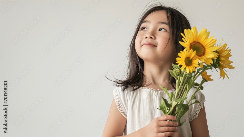 Smiling asian girl in white dress holding a bouquet of sunflowers posing in front of white background with copy space, concept of rural, still life, live well lifestyle. Smiling asian girl in white dress holding a bouquet of sunflowers posing in front of white background with copy space, concept of rural, still life, live well lifestyle.