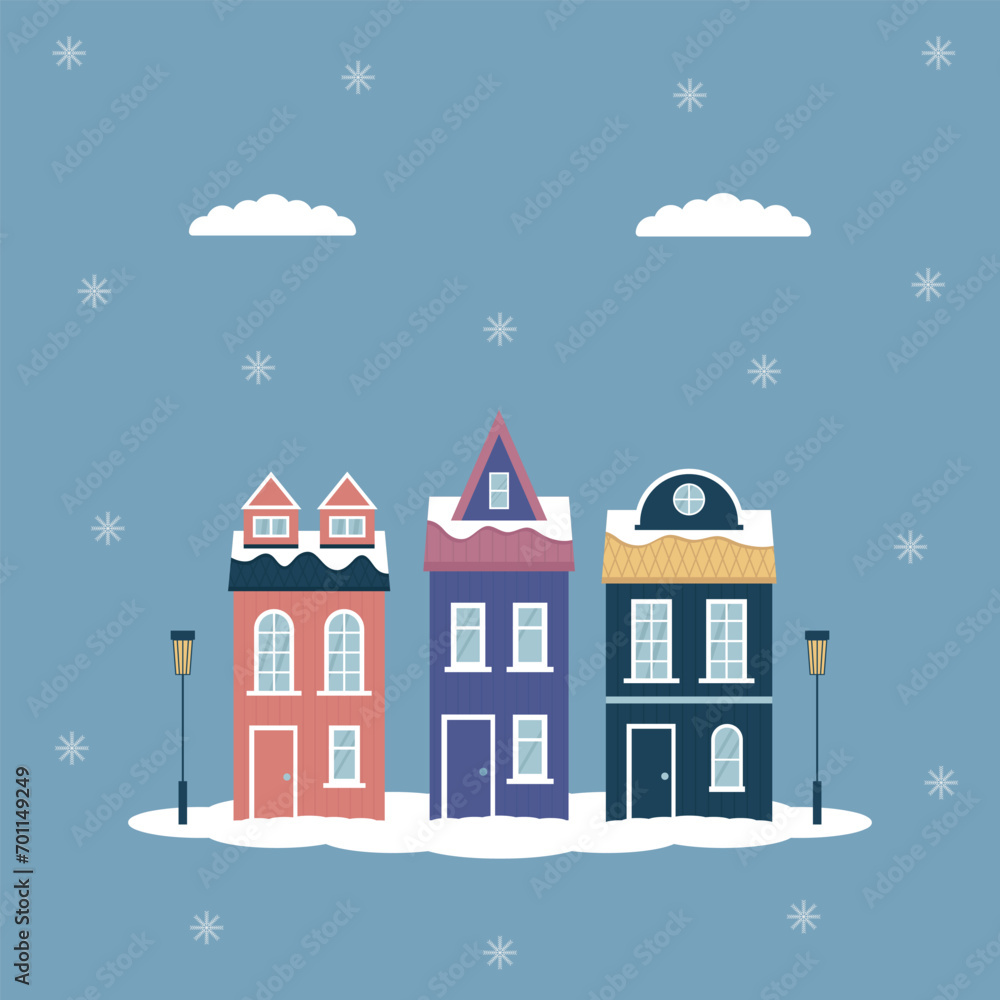 Scandinavian houses, winter landscape. Vector greeting card, banner, poster, holiday cover, EPS 10.
