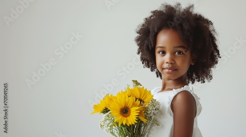 Cute smiling child girl holding bouquet of spring flowers blooming yellow sunflowers isolated on beige background. Little toddler girl gives a bouquet to mom. Copy space for text.