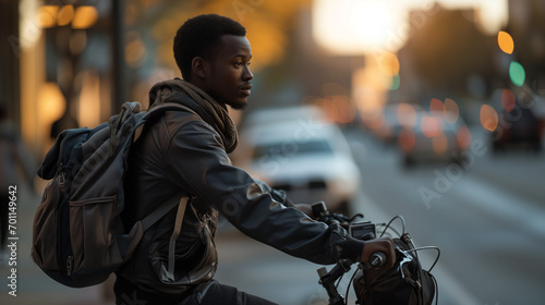Modern black man cycling on a city bike