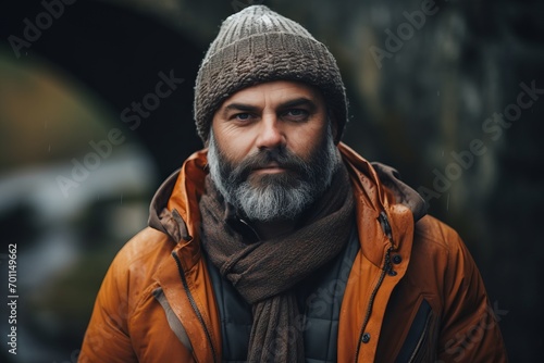 Portrait of a bearded man in a warm jacket and a knitted hat.