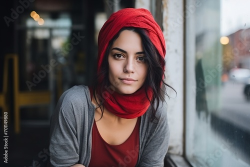 Portrait of a beautiful young woman with red scarf on her head © Inigo