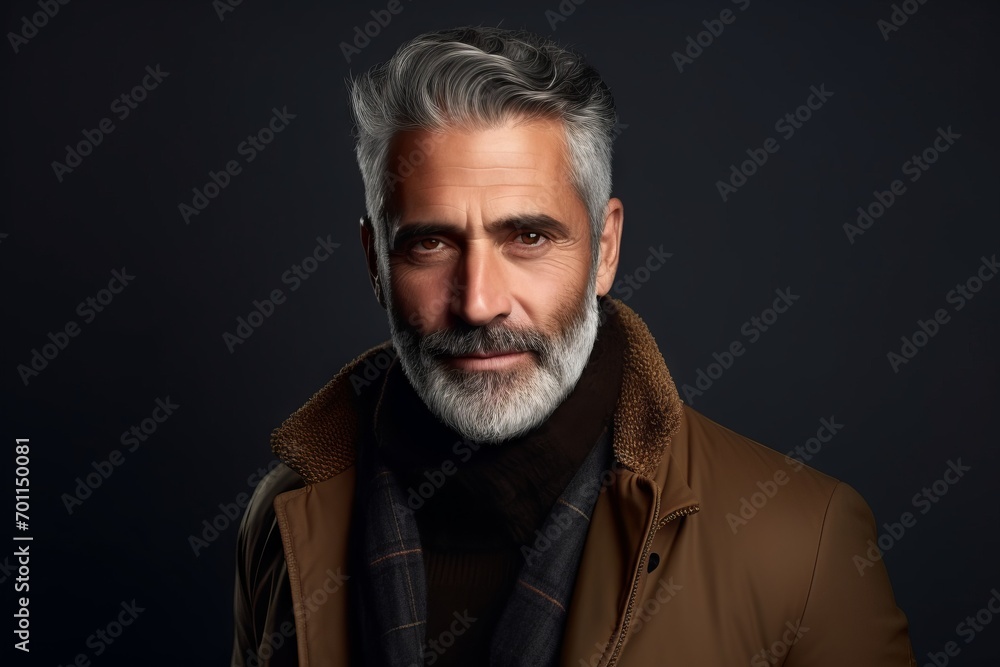 Portrait of a handsome mature man with grey hair and beard. Men's beauty, fashion. Studio shot. Portrait of a handsome mature man with grey hair and beard. Men's beauty, fashion. Studio shot.